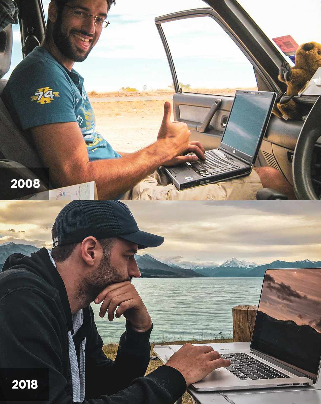 Avant/après : Alex travaillant de son laptop, en 2008 en Australie et en 2018 en Nouvelle-Zélande